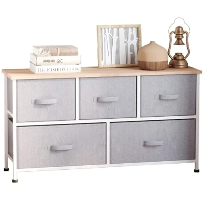 Imagen de HOMCOM Cajonera de almacenamiento (100 x 30 54 cm, 5 cajones, no tejidos, color gris, estructura acero, blanco, madera clara)