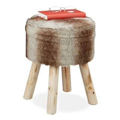 Imagen de Relaxdays Taburete Decorativo, Pelo Sintético, Banqueta con Patas de Madera, Redondo, Rústico, 42 x 33 cm, Gris/Marrón