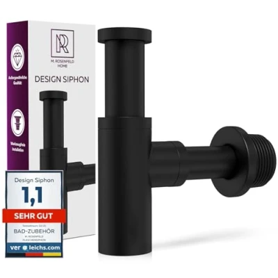 Imagen de Sifon Lavabo de Baño Negro Mate 1 1/4 Pulgadas (32mm) Acero Inox y Latón Diseño Moderno Extensible Sifón Desague con Tubo Drenaje Tapón Olor