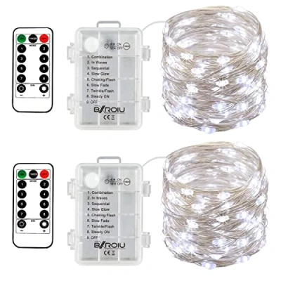 Imagen de BXROIU 2 x Guirnalda luces pilas 8modos de luz y control remoto con temporizador,cadena 5metros alambre plateado 50LEDs.para decorar dormitorios,jardines,fiestas,Navidad,Halloween(Blanco frio)