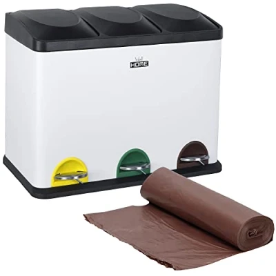 Imagen de WELL HOME MOBILIARIO &amp; DECORACIÓN Pack Cubo de reciclaje 45 L. 3 compartimentos CON rollo 20 bolsas basura L., / cubos reciclaje, Papel, Vidrio y Plástico, plateado