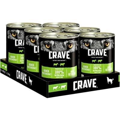 Imagen de Crave Alimento para Perros Adultos, paté con Cordero y Vacuno, 6 latas, x 400 g, Comida húmeda Alto Contenido de proteínas sin Cereales, Fabricado