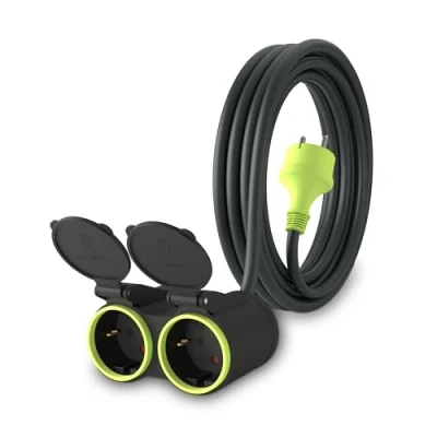 Imagen de MutecPower 3m Cable alargador de Corriente con 2 enchufes Schuko para Uso Exterior IP44 H05RR F3G 1,5mm² alargo Doble Tomas Protección Infantil Goma 3 Metros Negro/Verde