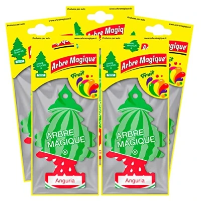 Imagen de Arbre Magique Mono, ambientador para coche, fragancia sandía, fresca y frutada, duración hasta 7 semanas, fabricado en Italia, paquete de 5 unidades