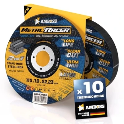Imagen de 10 discos de corte Metal 115 x 0 22,23 mm diámetro. El disco Racer by AMBOSS WERKZEUGE es adecuado para acero y inoxidable, acero/acero