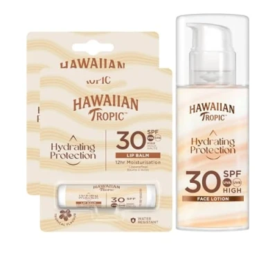 Imagen de Hawaiian Tropic Silk Hydration Air Soft Face SPF 30 Pack protección Solar para el Rostro, Crema Hidratante Facial con + 2 bálsamos labiales, Alta,