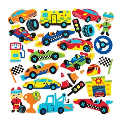 Imagen de Baker Ross Pegatinas de espuma con forma coches carreras (Pack 120) temática en divertidas formas para pegar álbumes recortes