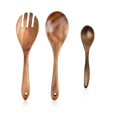 Imagen de DHSBGWSX juego de 3 cucharas y tenedores, sartén antiadherente, cuchara madera tenedor, cocina utensilios ensalada, tenedor servir