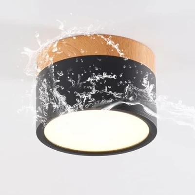 Imagen de Schindora Plafón LED,foco de superficie con decoración madera,mini plafón,redondo,negro,blanco frío 6000 K,12 W.
