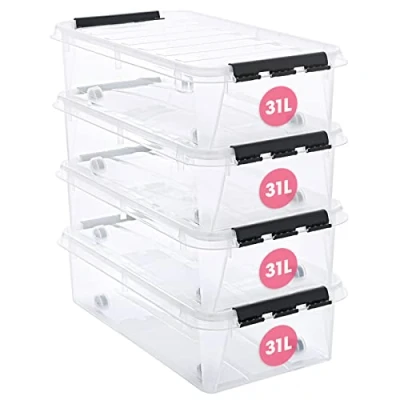 Imagen de SmartStore 31L Cajas de almacenamiento plástico transparente para debajo la cama con tapas, paquete 4, reforzadas, garantía 10 años, aptas alimentos, sin BPA L72 x W40 H19cm