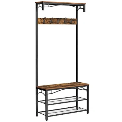 Imagen de VASAGLE Perchero de entrada, con tabla superior, estante para zapatos, banco y 5 ganchos dobles, marco metal, 80 x 32 178,5 cm, estilo industrial, marrón rústico negro HSR45BX