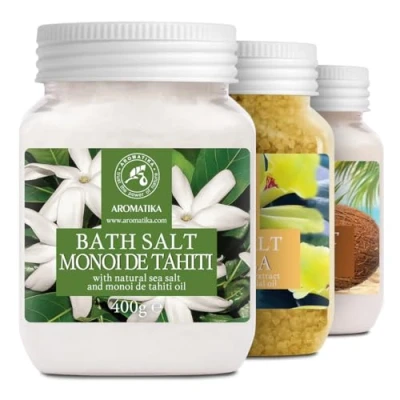 Imagen de Sales de Baño Set 3 x 400 g con Aceite 100% Natural Monoi Tahiti Vainilla Coco Mejor para Buen Sueño Alivio del Estrés Cuidado Corporal Bienestar Relajación Spa