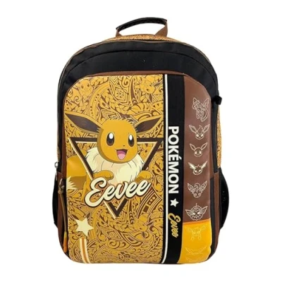 Imagen de CyP Brands Pokémon Mochila escolar, Mochila, Adaptable a carro, Material Backpack, Pikachu, Eevee, Color marrón, Producto Oficial