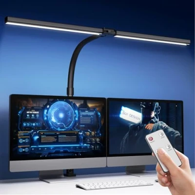 Imagen de Tyonto 1300LM lampara de Escritorio LED 24W 80CM Doble Cabeza Regulable con Control Remoto,24W para Monitor Luz mesa Abrazadera, Diurna lamparas Oficina en Casa Brazo Giratorio pinza