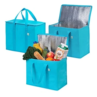 Imagen de VENO Pack de 3 Bolsas Térmicas para Comida, Bolsa Porta Alimentos Grande con Asas, Cierre y Tapa, Nevera Térmica Delivery, Compra Sostenible,Reutilizable, Plegable(Cian,Pack 3)