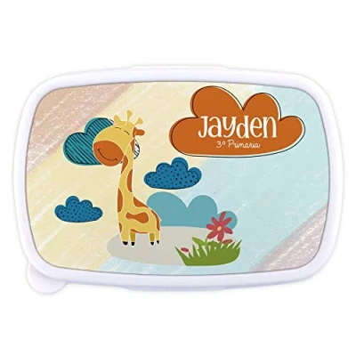 Imagen de LolaPix Fiambrera Niña Colegio. Infantil Personalizada. Caja merienda con Nombre y Curso. Apta para microondas Libre de BPA, filatos Metales Pesados. Varios diseños.Jirafa