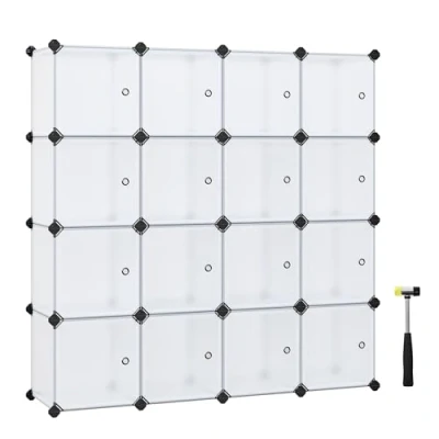 Imagen de SONGMICS Unidad de almacenamiento 16 cubos, zapatero, cubos apilables, armario plástico, armario, con puertas, para dormitorio, oficina, fácil montar, color blanco LPC44BS