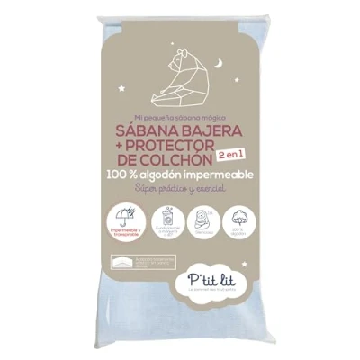 Imagen de P&#039;tit lit Protector de colchón cuna 2 en 1 + Sábana bajera 70x140 cm Impermeable 100 % algodón Suave y silencioso Transpirable Oeko Tex Gris