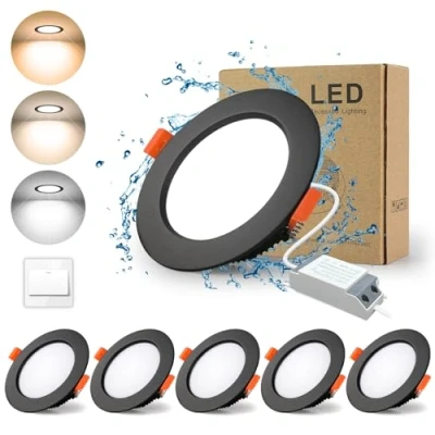 Imagen de Downlight Led Negro Techo Empotrable,BAGZY 5x 5W Foco Redondo=50W(500 LM) Iluminación de 3 colores 3000K/4000K/6000K,IP44,Recorte 70 80mm,AC 220 240V,Foco Ultraplano para Dormitorio,Baño
