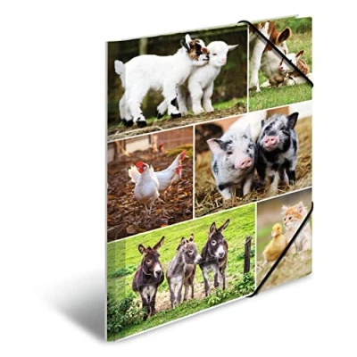 Imagen de HERMA 19344 carpetas A4 con diseño de animales granja, paquete 3, cartón para niños impresión interior y banda elástica, juego resistente
