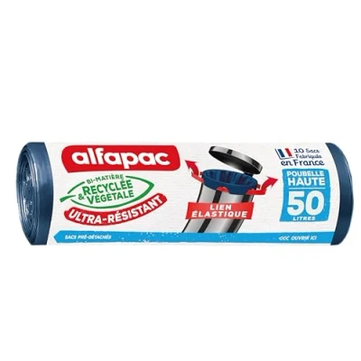 Imagen de Alfapac 10 bolsas de basura 50L con lazo elástico ultrarresistente fabricadas en Francia Bimaterial reciclado y vegetal