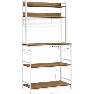Imagen de VASAGLE Estantería para Panadería con Toma de Corriente, Soporte Microondas, Cocina, Alambre Metal, 14 Ganchos, 40 x 80 170 cm, Nogal Medio y Blanco KKS025W41EU