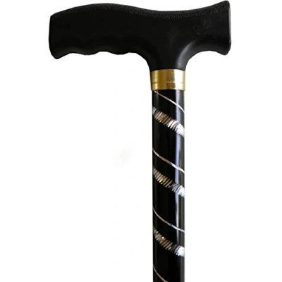 Imagen de Bastón de senderismo ajustable para mujer con diseño rayas, color negro grabado plata, 58,4 cm a 88,9