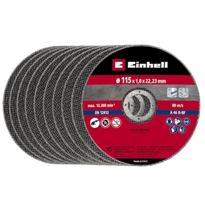 Imagen de Einhell Juego de discos corte finos, 115 x 1,0 mm (accesorios para amoladora angular, 10 piezas, diámetro 22,23 mm, máx. 13.300 min 1, extrafino poca pérdida material)