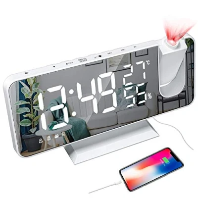 Imagen de YUNYODA Despertador de proyección, Digital LED con Superficie Espejo, Puerto Carga USB, repetición, Doble Alarma, Radio FM, Modo 3 atenuaciones, Humedad Temperatura, Ajuste