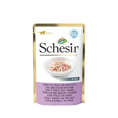Imagen de Schesir Cat Jelly Tuna with Chicken &amp; Ham Wet Food in 30 Bags x 50g
