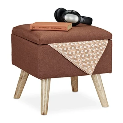 Imagen de Relaxdays Taburete Bajo, Puff Asiento Almacenaje, Baúl Almacenamiento, 1 Ud, Madera Tela, 40 x cm, Marrón, Poliéster