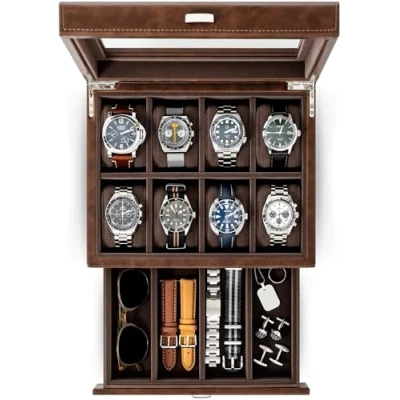 Imagen de Leather Watch Box for Men 8 Slot Organizer Large or Small Men?s Watches Luxury Case with Valet Drawer Jewelry, Band &amp; Cufflink Storage Holder Display Stand Dresser