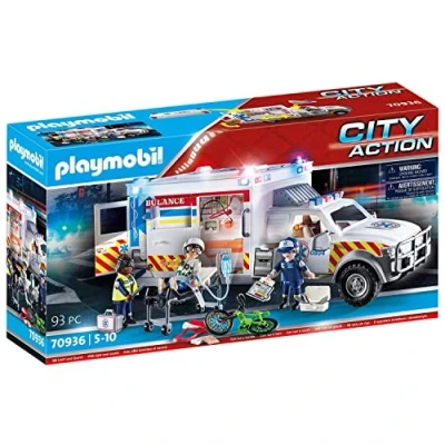 Imagen de PLAYMOBIL 70936 City Action Vehículo de Rescate, US Ambulance, con Luz y Sonido, Juguete para Niños a Partir 5 Años, Multicolor