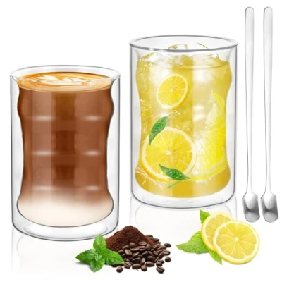 Imagen de Conjunto de 2 Tazas Café Cristal, 400ML Vasos Espresso Doble Pared Transparente, Vidrio Borosilicato con Cucharas y 1 Cepillo, para Cafe Leche Té Latte Macchiato Más