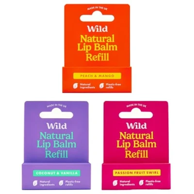 Imagen de Wild Bálsamo Labial Natural Recargable Paquete de 3 Recambios en una Variedad Esencias Incluye Peach &amp; Mango, Coconut Vanilla y Passionfruit Sin Cera Abejas