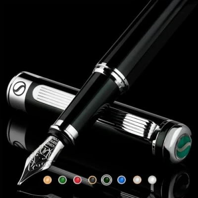 Imagen de Scriveiner Pluma Estilográfica Negro Verde Impresionante de Lujo con Acabado Cromado, Set Regalo Escritura para Hombre y Mujer, Profesional, Plumas Buenas Plumín (Mediano)