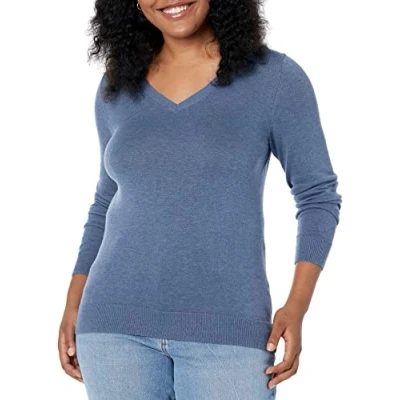 Imagen de Amazon Essentials Jersey de Cuello en V, Manga Larga, Ligero y Ajuste Clásico (Disponible Tallas Grandes) Mujer, Azul Mezcla, XXL