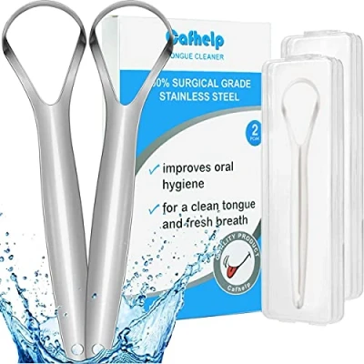 Imagen de Cafhelp Limpiador lingual quirúrgico de acero inoxidable para adultos y niños, metal, 100 útil profesional, reduce el mal aliento ayuda a tu higiene bucal, paquete 2 (con estuches