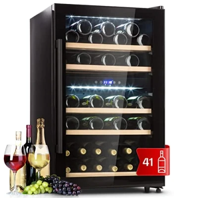 Imagen de Klarstein Vinoteca 41 Botellas, Nevera Vinos de una Zona, Expositora Vino y Cerveza, Pequeña Interior Exterior con Puerta Cristal, Protección UV, Panel Táctil, 5 18C