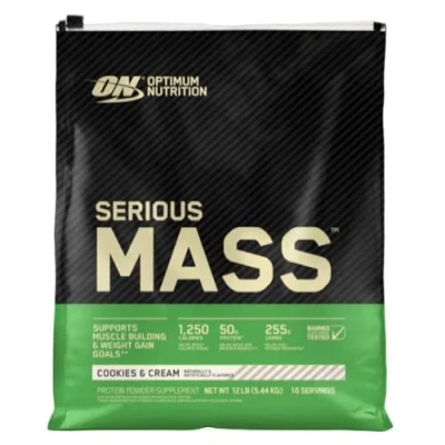 Imagen de Optimum Nutrition Serious Mass Proteina en Polvo, Gainer Alto Proteína, con Vitaminas, Creatina y Glutamina, Galletas Crema, 16 Porciones, 5,45kg, Embalaje Puede Variar
