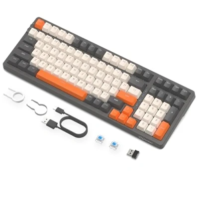 Imagen de Teclado Mecánico Inalámbrico de Intercambio en Caliente para Juegos, Retroiluminado RGB con Cable, Interruptor Azul, Bluetooth/2,4 Ghz/USB C Batería 4000 mAh Mac/Win Gris/Naranja