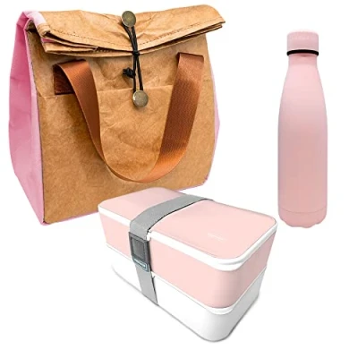 Imagen de NERTHUS FIH 1039 SET Botella Doble Pared Acero Inoxidable Rosa + Tartera Bolsa Térmica