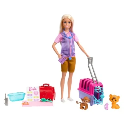 Imagen de Barbie Tú puedes ser Muñeca rubia profesiones Rescatadora y cuidadora de animales Set juego con bebé accesorios, juguete +3 años (HRG50)
