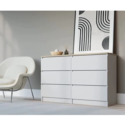 Imagen de 3xeliving Cómoda 6 120cm con cajones, Blanco y Sonoma, 38 x 120 78 cm