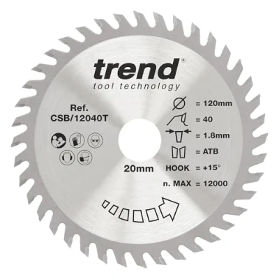 Imagen de Trend CraftPro Hoja de sierra circular TCT corte fino, 120 mm x 40 dientes 20 diámetro, punta carburo tungsteno, CSB/12040T