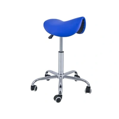 Imagen de QUIRUMED Taburete Pony 5 Ruedas, Base cromada, Color Azul, Tapizado en Polipiel, Regulable Altura, Ligero, diseño ergonómico, Giratorio, hasta 150 kg