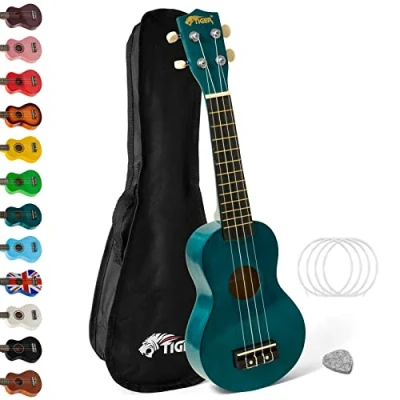 Imagen de TIGER Ukelele soprano 2501 BL con bolsa de transporte, púa fieltro y cuerdas repuesto, color azul