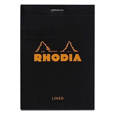 Imagen de Bloc de notas grapado y microperforado Rhodia, DIN A5, 14,8 x 21 cm, 150 hojas, 80 g, cuadrícula naranja, 4 unidades, color negro 8,5 12 cm