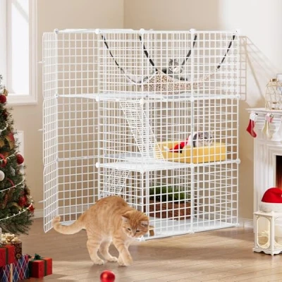 Imagen de YITAHOME Jaula para Gatos Exterior/Interior, Recinto con 3 Puertas, 2 Escaleras, Corral de Metal Niveles Hamaca, 1 Gatos, Chinchilla, Blanco, 72x72x104cm