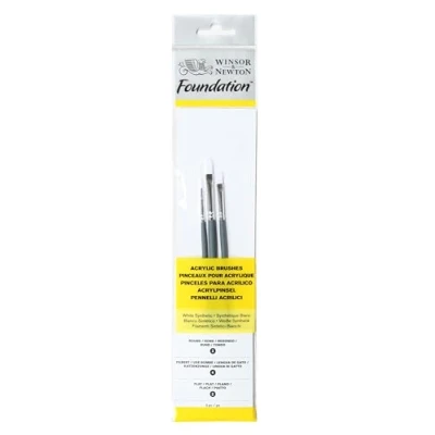 Imagen de Winsor &amp; Newton pinceles para acrílico Foundation, set de 3 Unidades, sintéticos, redondo nº2, lengua gato nº4 y plano nº2